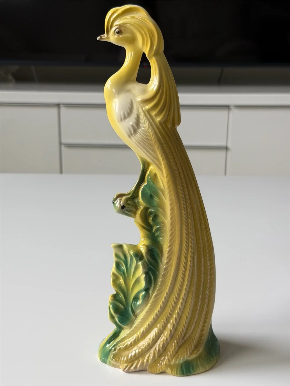 Vintage Ceramic Peacock Figurine Yellow Glossy Mid-Century Decor Bird Statue